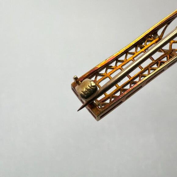 Antique Art Deco 14K Gold Filigree Bar Pin Brooch with Pearl & Diamonds c. 1920s - Picture 8 of 10